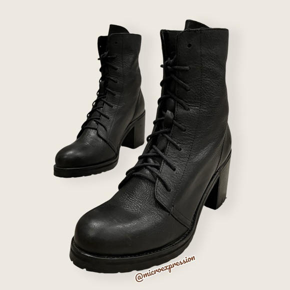 $429 Frye Karen Lace Up Black Leather Combat Short Chunky Heeled Moto Ankle Boot - Picture 13 of 15